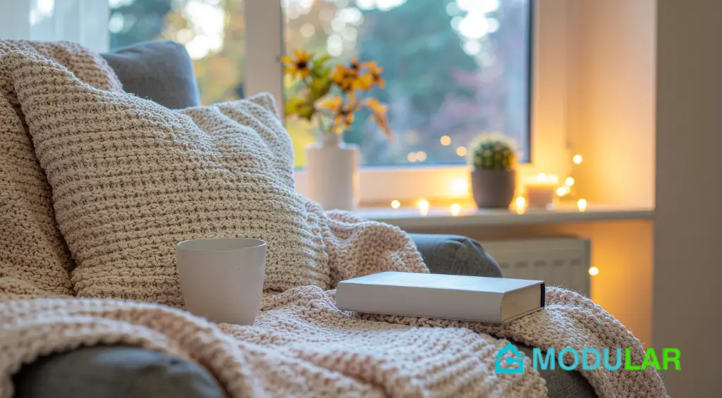 sofá com manta e livro em cima, aconchegante